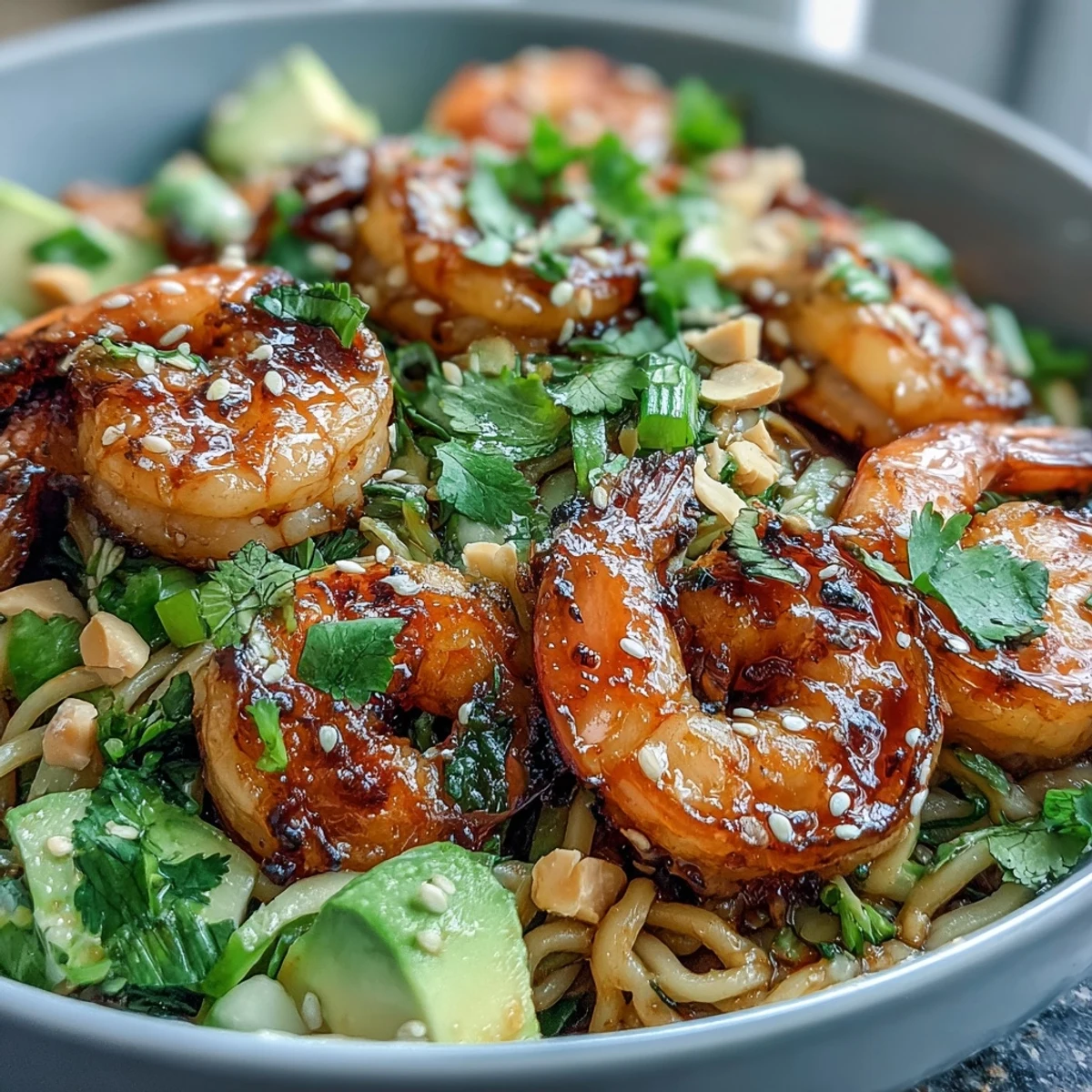 Vibrant Grilled Shrimp Asian Noodle Bowl garnished with fresh cilantro and peanuts over chilled sesame noodles.  