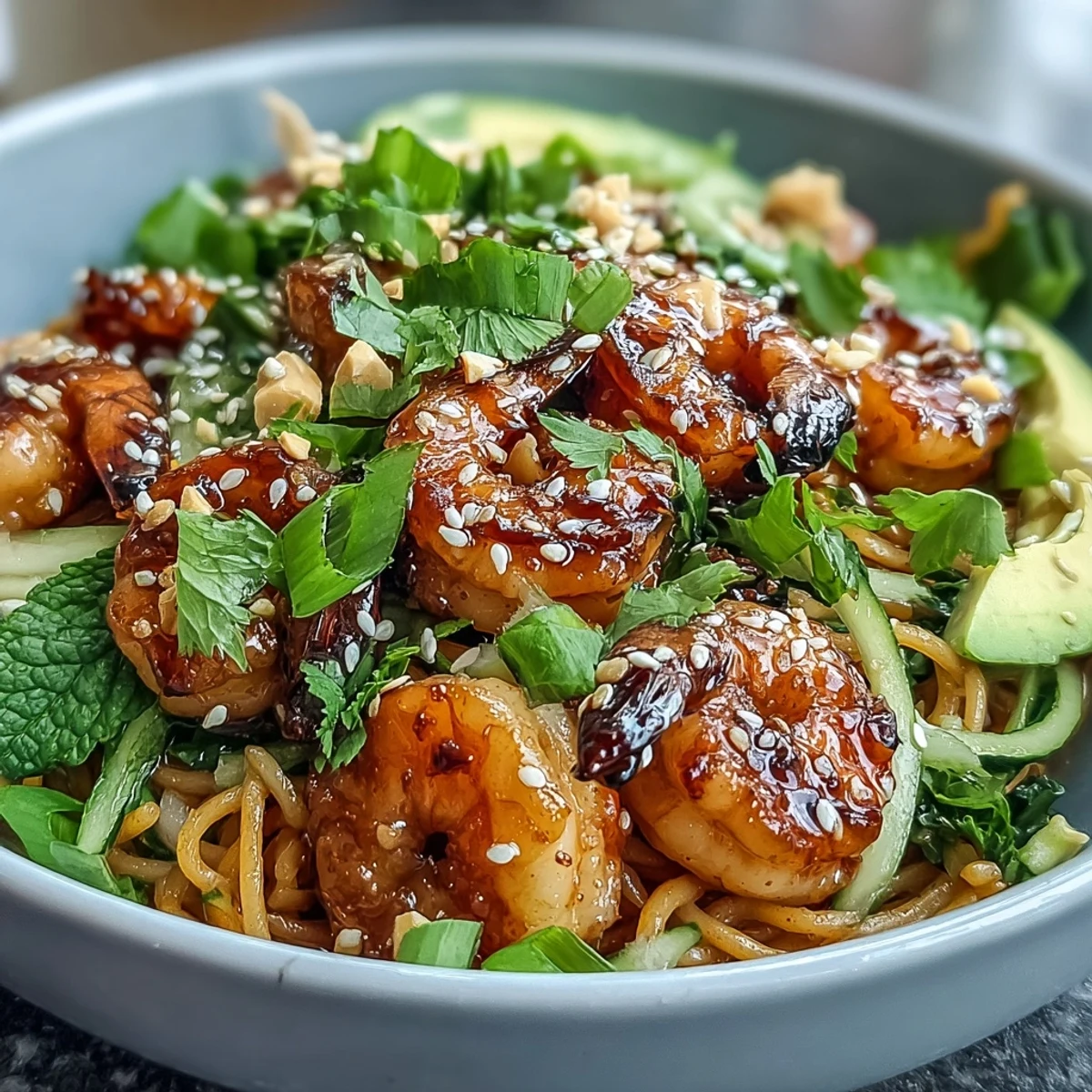 Smoky grilled shrimp atop a hearty Grilled Shrimp Asian Noodle Bowl with sprouts and lime wedges.