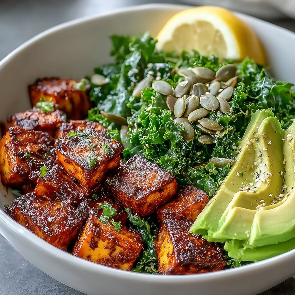 Golden, crispy tofu cubes and vibrant sautéed kale topped with creamy avocado slices in the Tofu Breakfast Bowl with Avocado and Kale.