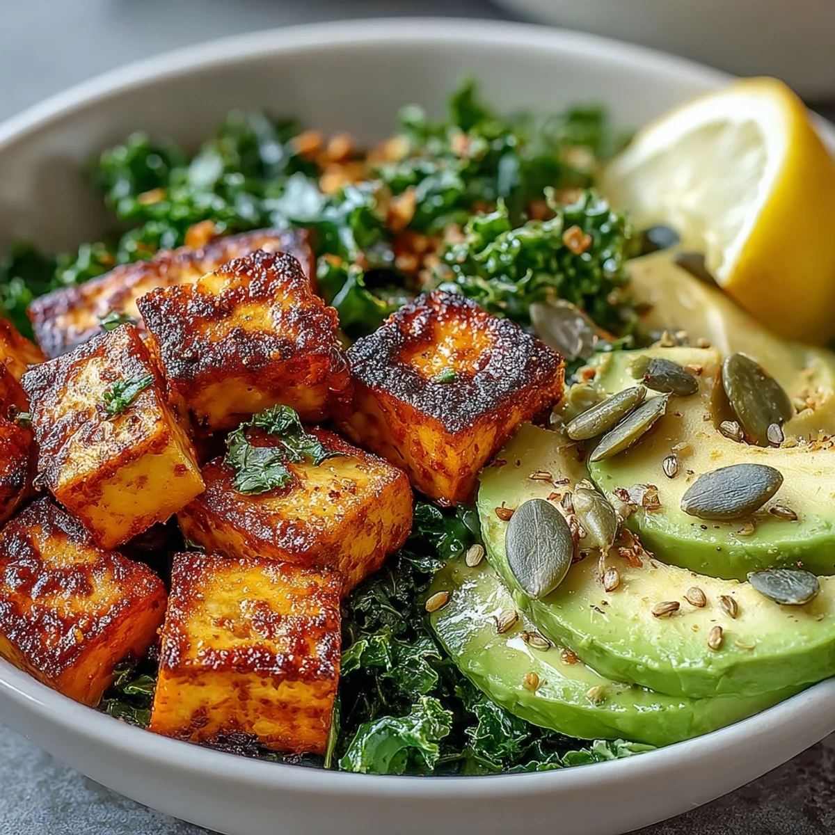 This nourishing Tofu Breakfast Bowl with Avocado and Kale features a squeeze of fresh lemon and a sprinkle of spicy pumpkin seeds.