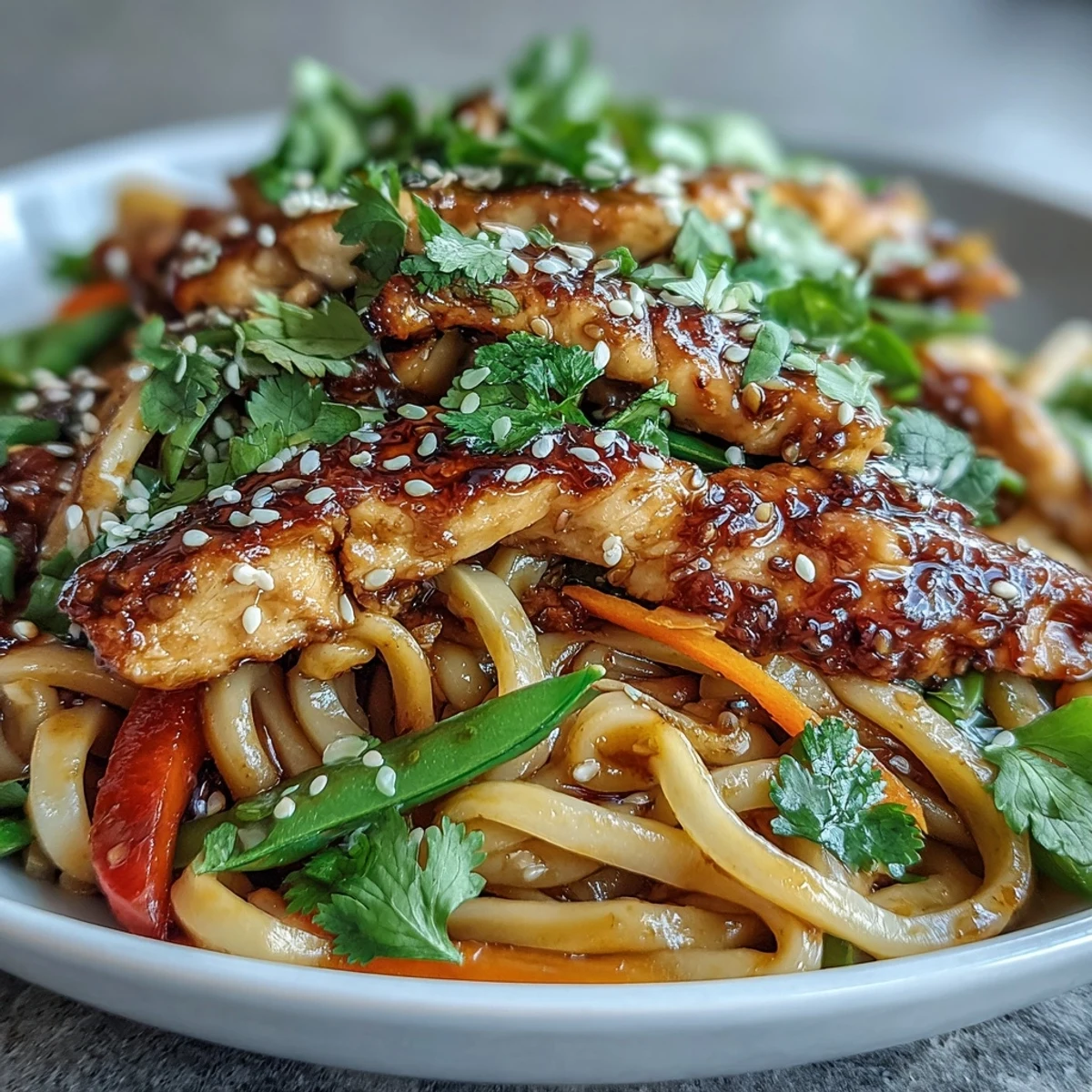 A close-up of a Sesame Chicken Noodle Bowl, garnished with toasted sesame seeds and fresh cilantro beside a lime wedge.