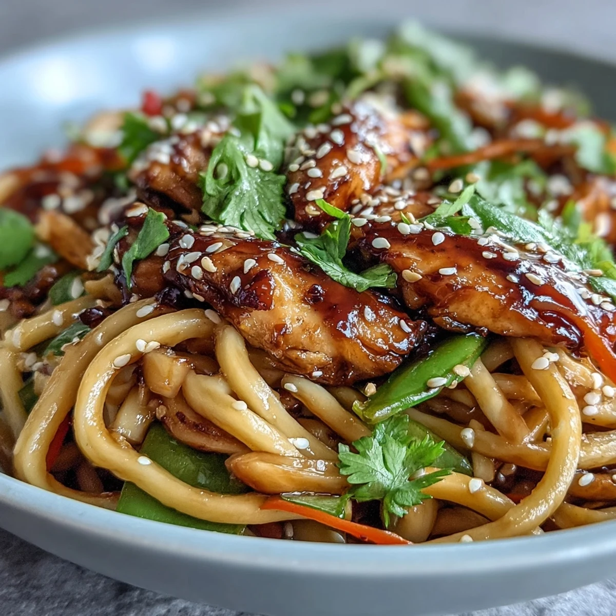 Stir-fried Sesame Chicken Noodle Bowl served hot, featuring colorful bell peppers and carrots in a glossy ginger-garlic sauce.