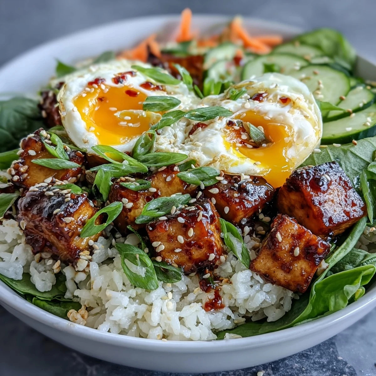 Vibrant Tofu Jammy Egg Breakfast Bowl with warm rice, seasoned tofu, and zesty ginger scallion sauce drizzled over fresh greens.