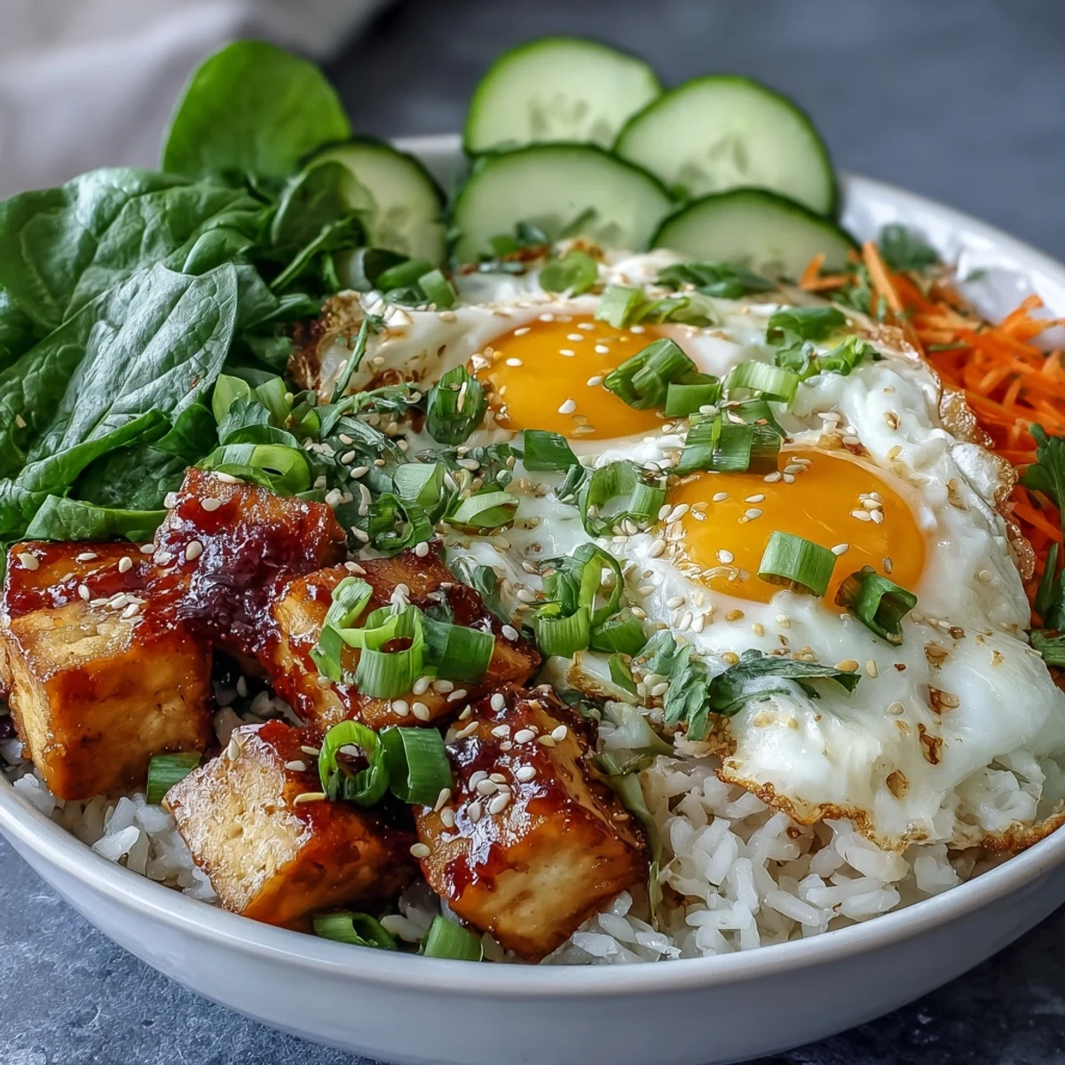 Savory Tofu Jammy Egg Breakfast Bowl garnished with sesame seeds and cilantro, ready to enjoy with a drizzle of tangy ginger scallion sauce.