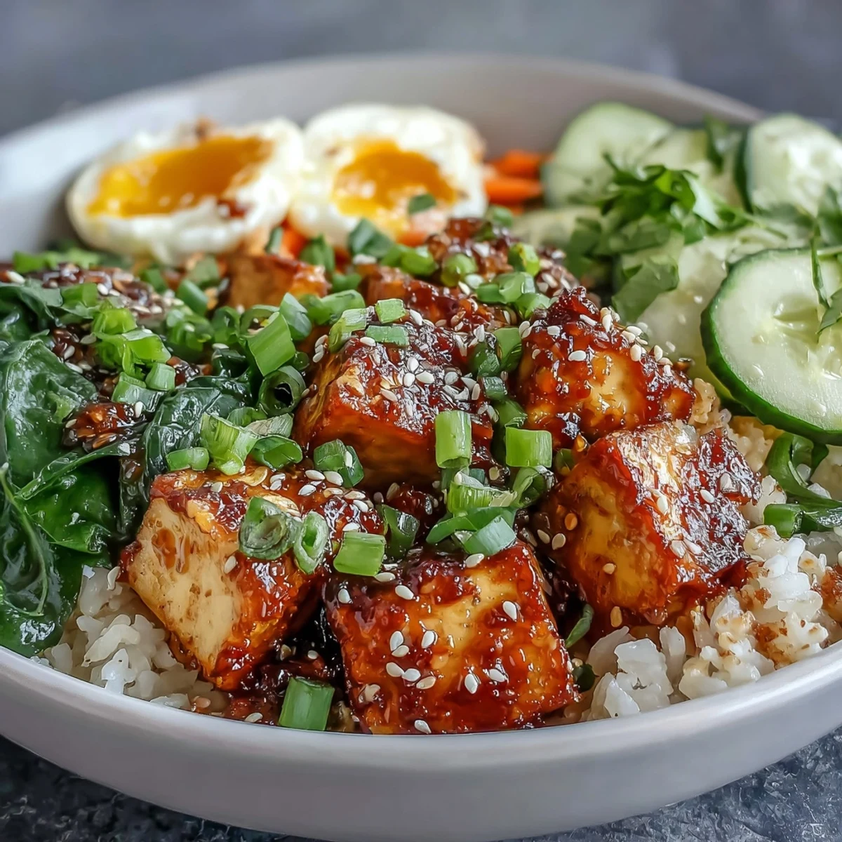 Colorful Tofu Jammy Egg Breakfast Bowl featuring golden tofu cubes, halved jammy eggs, and crisp veggies on a bed of jasmine rice.