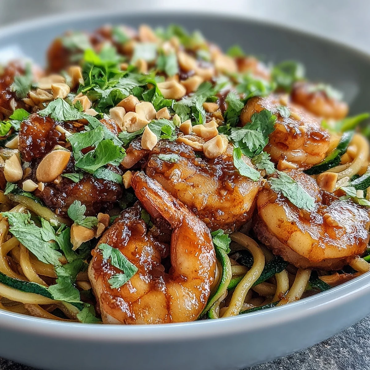 Shrimp and rice noodles tossed with crisp zucchini and carrots, drizzled with savory Asian sauce, peanuts, and cilantro.