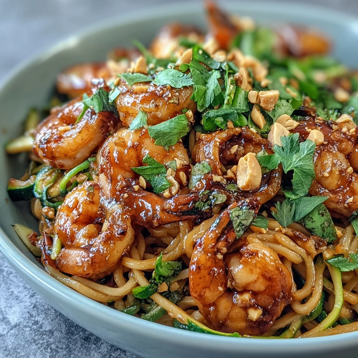 Plated Asian Noodle Bowl garnished with peanuts and cilantro, featuring tender shrimp and vibrant vegetables on a rustic table.