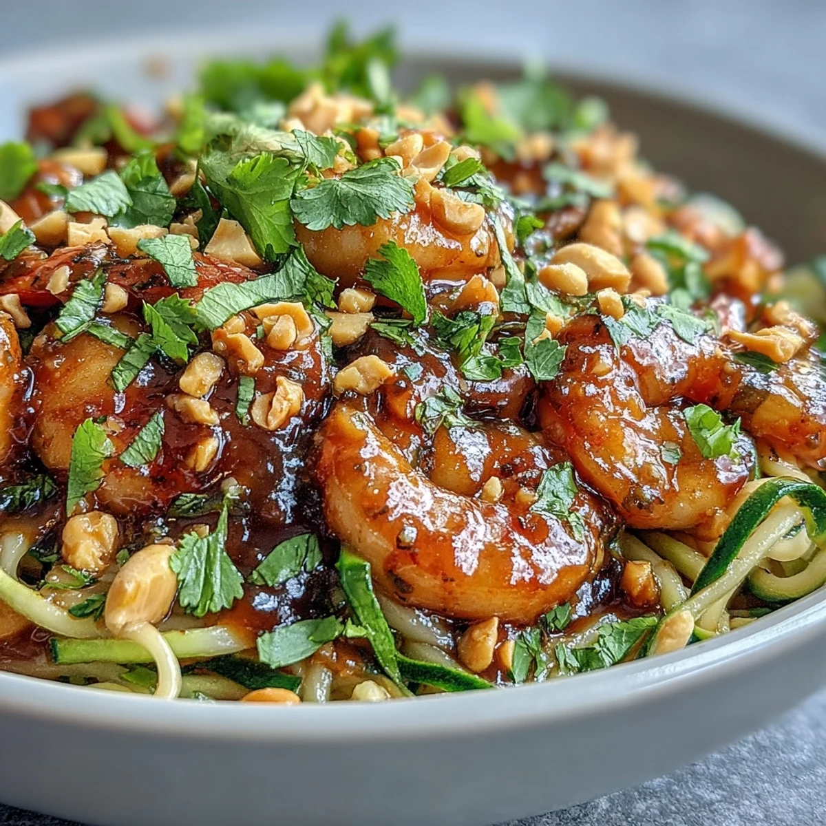 Colorful stir-fry noodle bowl with succulent shrimp, crunchy peanuts, and fresh lime wedges, ready for a quick weeknight dinner.
