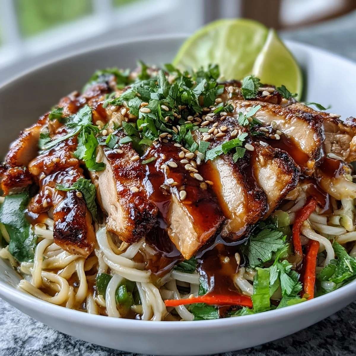 Colorful fresh vegetables and tender chicken top a bed of rice noodles in this flavorful Asian Chicken Noodle Bowl.