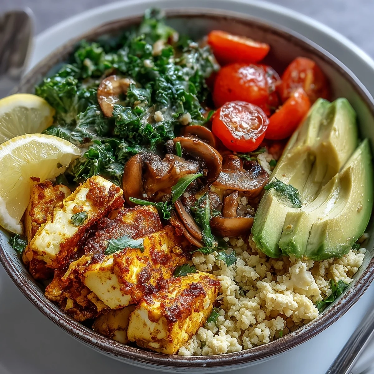 Scrambled Tofu Breakfast Bowl topped with fresh avocado and cherry tomatoes, steaming on a wooden table for a vibrant vegan start.