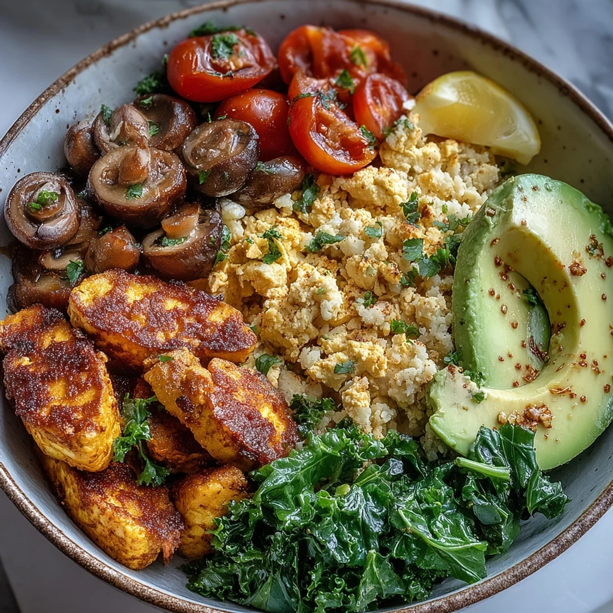 Golden turmeric scrambled tofu, sautéed garlicky mushrooms, and wilted kale served over fluffy whole wheat couscous for a hearty meal.