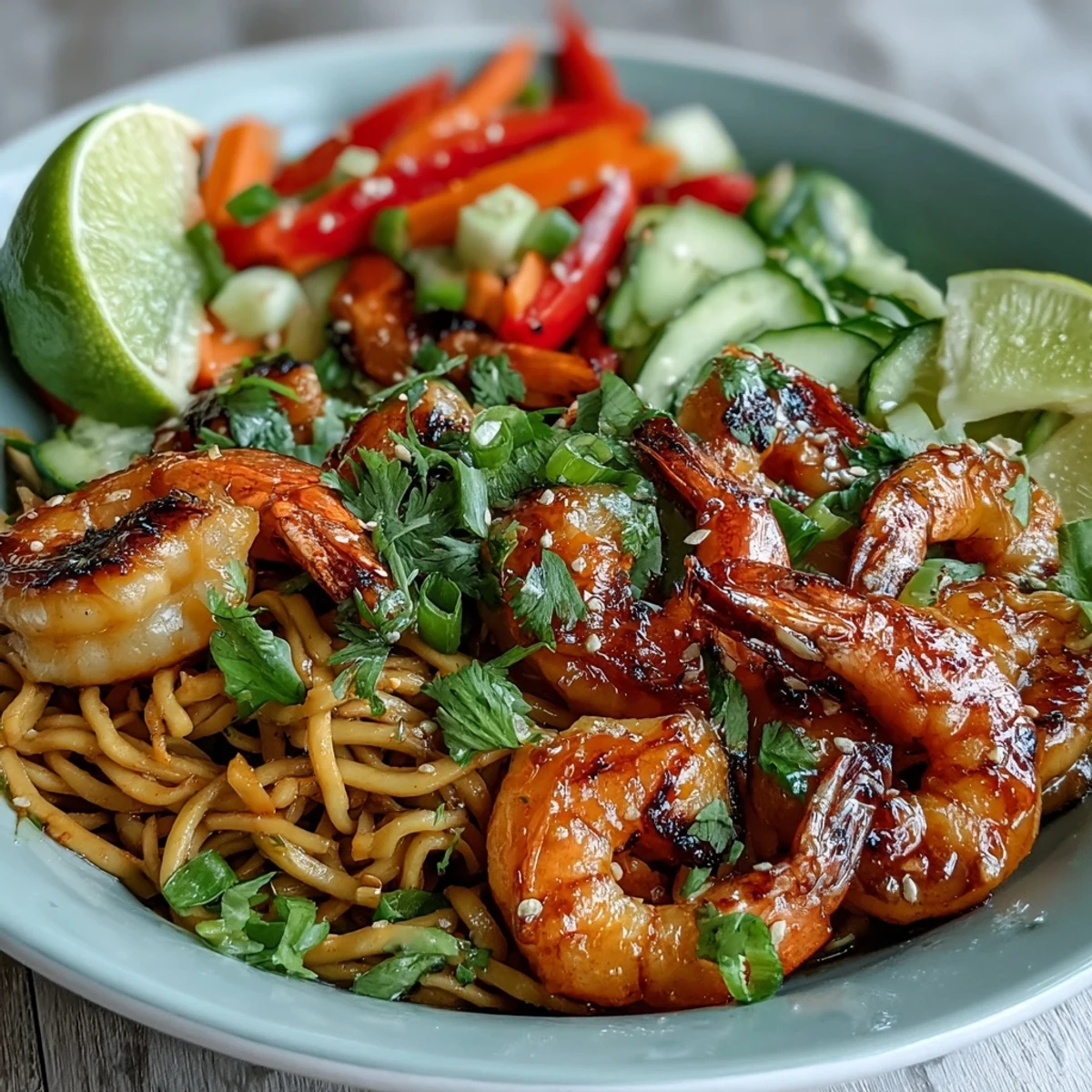 Succulent grilled shrimp rest on sesame noodles in this 15-Minute Asian Noodle Bowl, garnished with crunchy veggies and lime wedges.