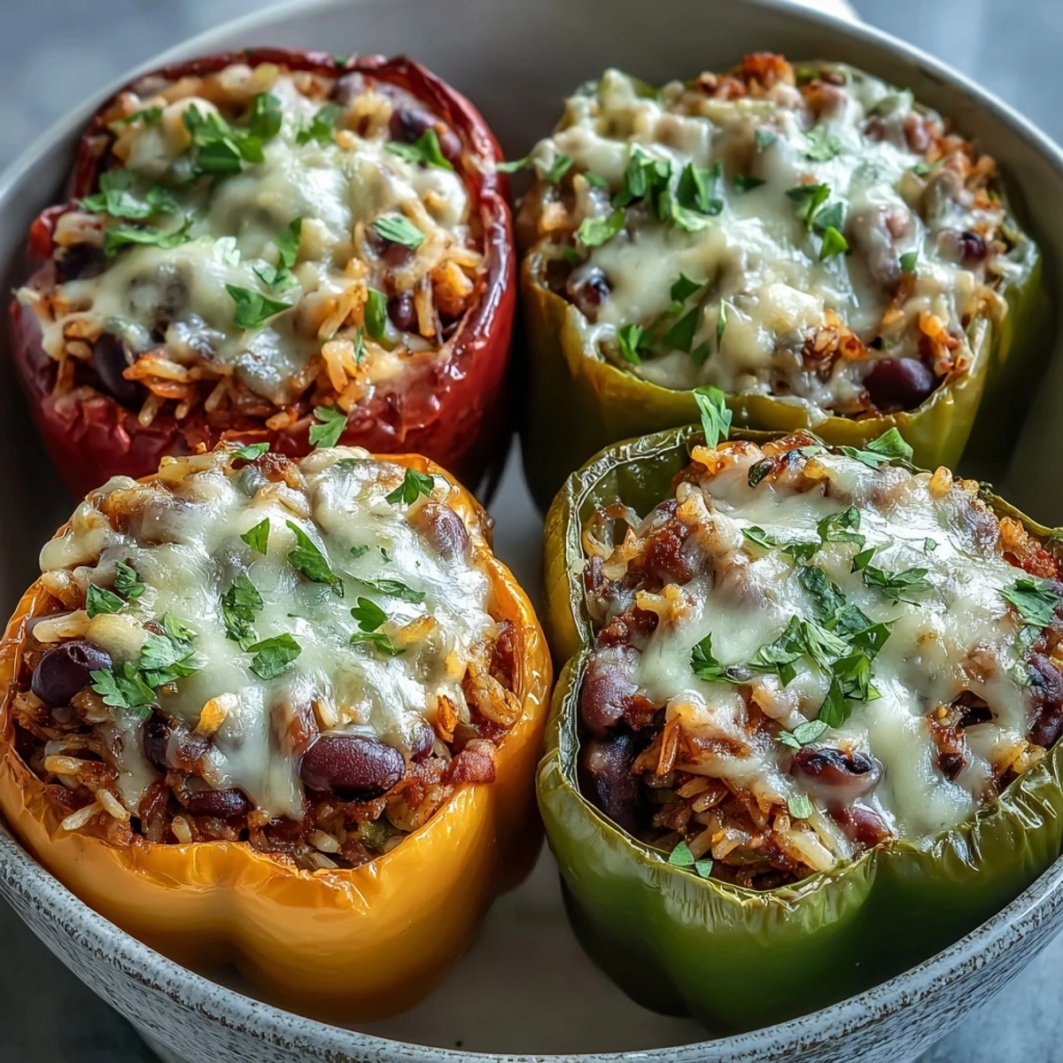 Golden-brown baked Black-Eyed Pea Stuffed Peppers rest in a dish, garnished with fresh parsley and melted cheese.