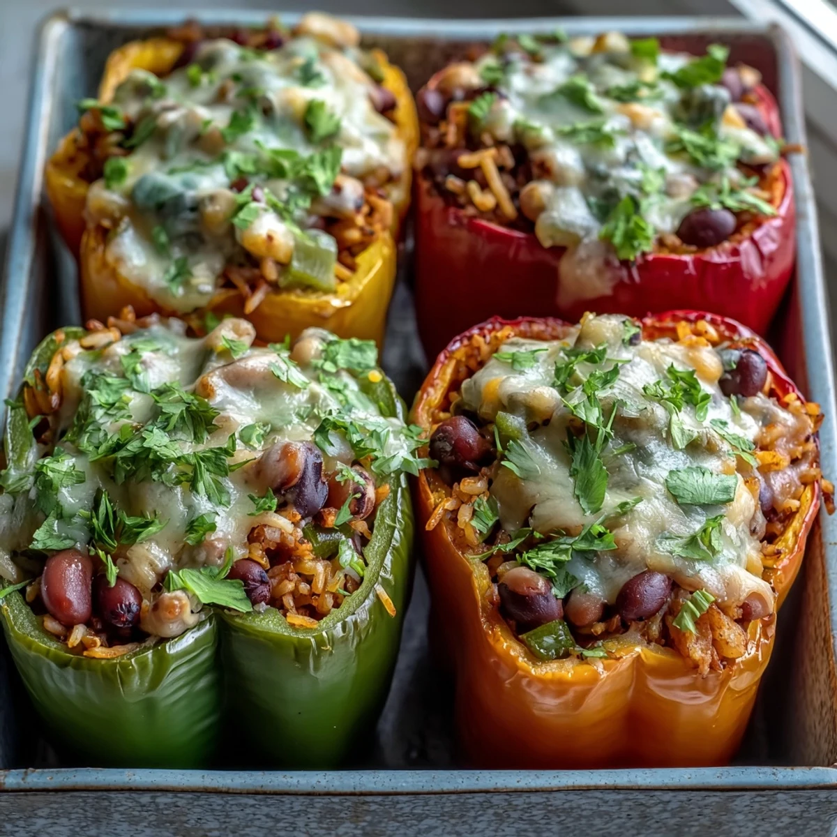 Vibrant bell peppers overflowing with savory black-eyed pea filling sit beside a simple green salad on a wooden table.