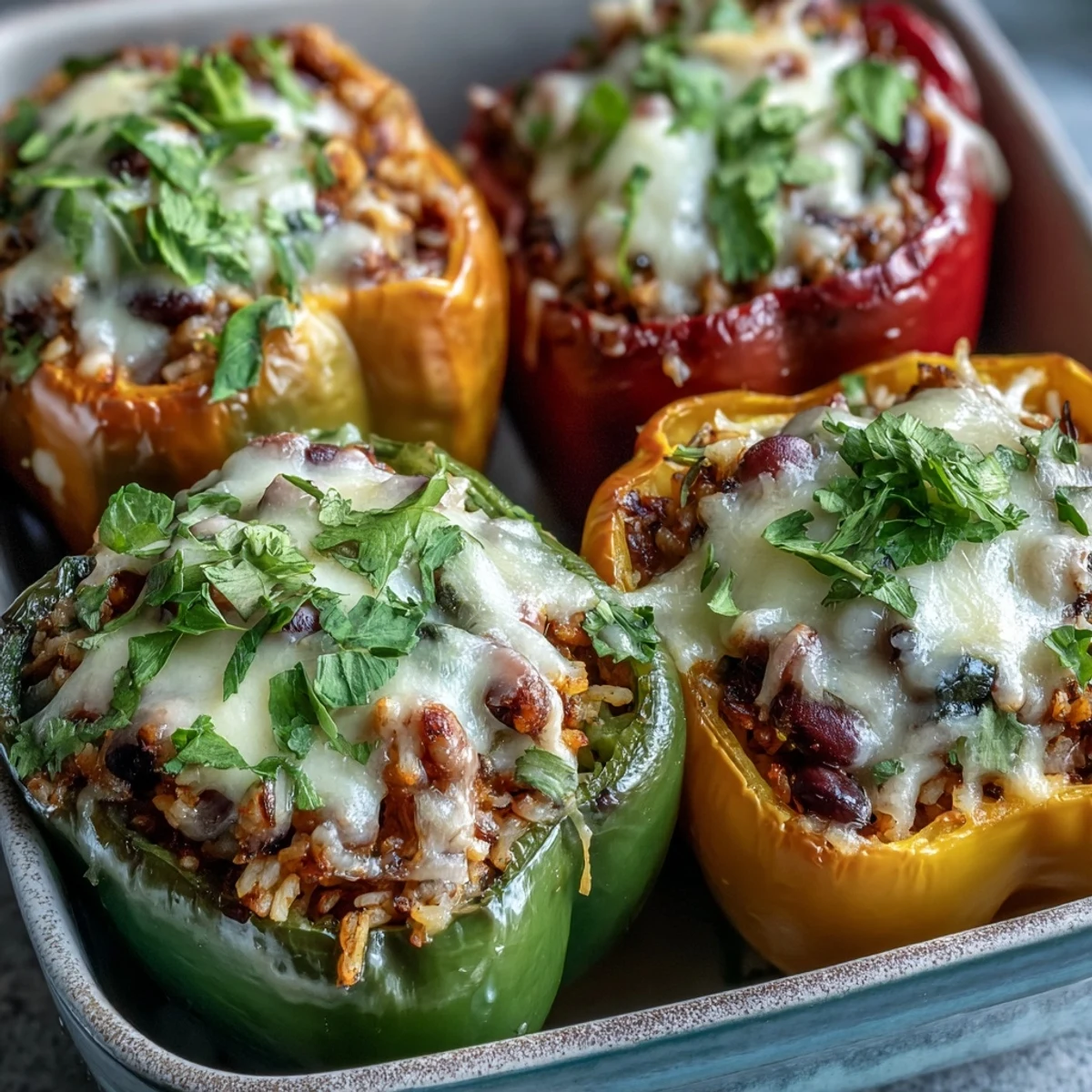 Close-up of a halved Black-Eyed Pea Stuffed Pepper revealing a hearty mix of rice, peas, and aromatic vegetables.