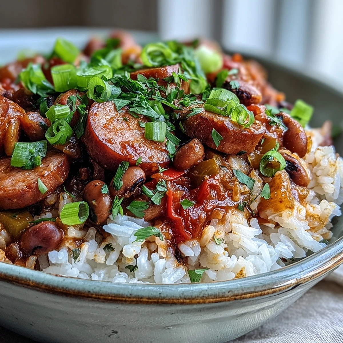 Steaming Black-Eyed Pea Jambalaya is served in a rustic bowl, featuring browned Andouille sausage slices and fluffy rice.