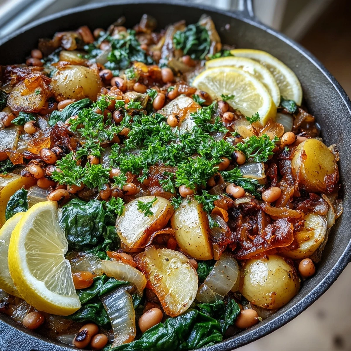 Served Black-Eyed Pea Skillet Dinner with lemon wedges on the side, ready to enjoy.