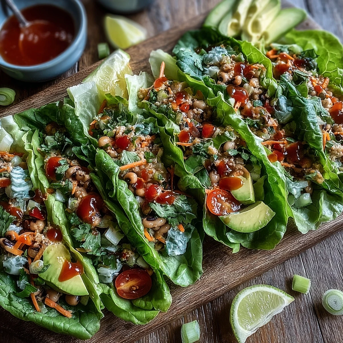 Freshly cooked black-eyed pea filling with bell peppers and herbs is spooned into crisp butter lettuce leaves for these Black-Eyed Pea Lettuce Wraps.
