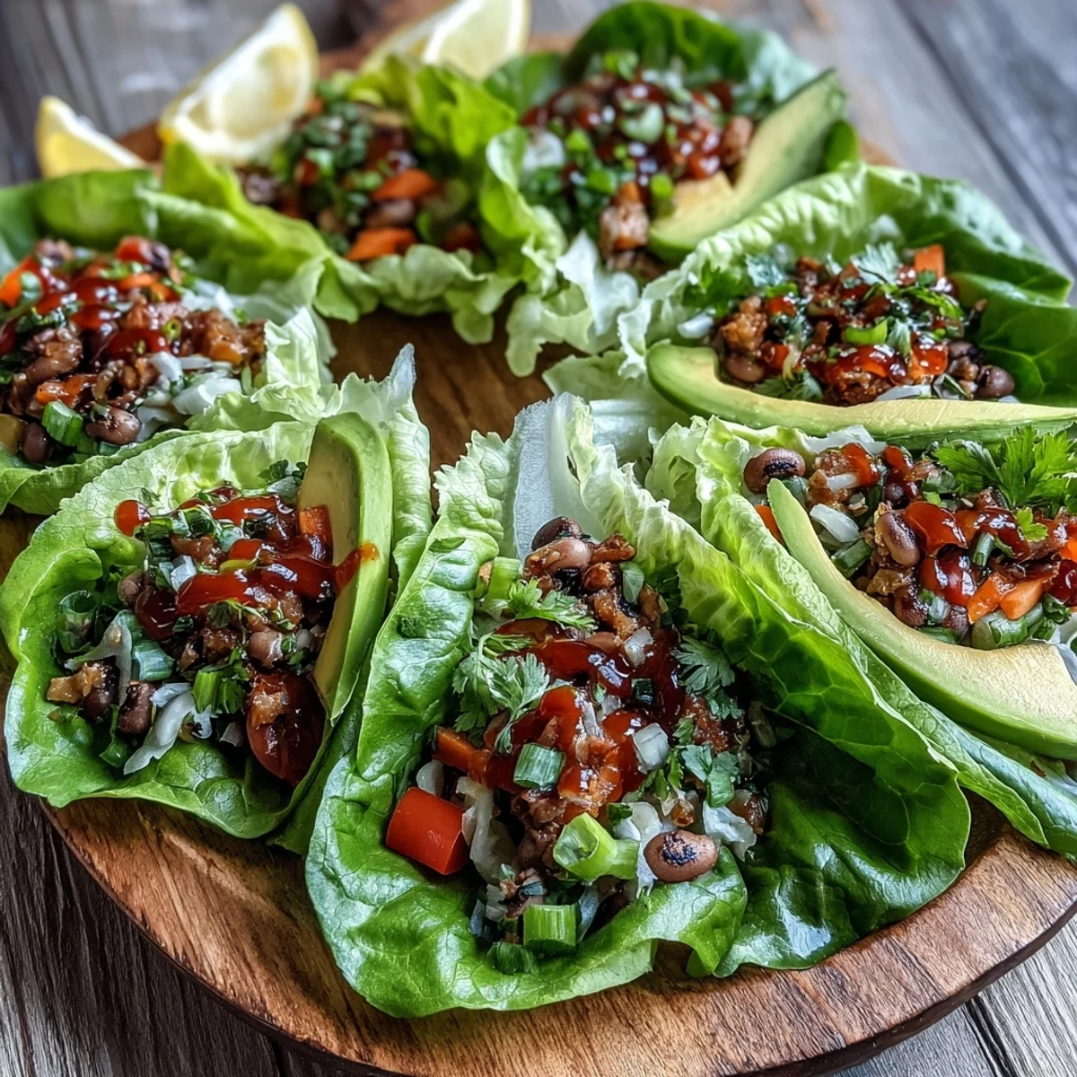 These easy Black-Eyed Pea Lettuce Wraps feature seasoned legumes, diced vegetables, and creamy avocado slices ready to be folded into romaine.