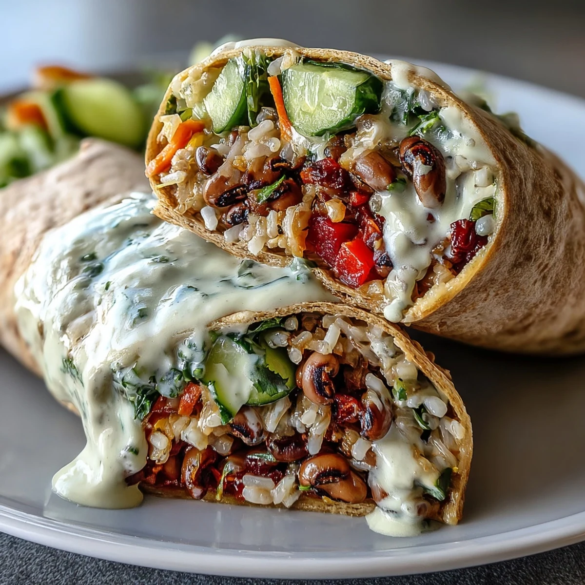 Whole wheat tortillas stuffed with black-eyed peas, fresh veggies, and a drizzle of creamy tahini sauce.