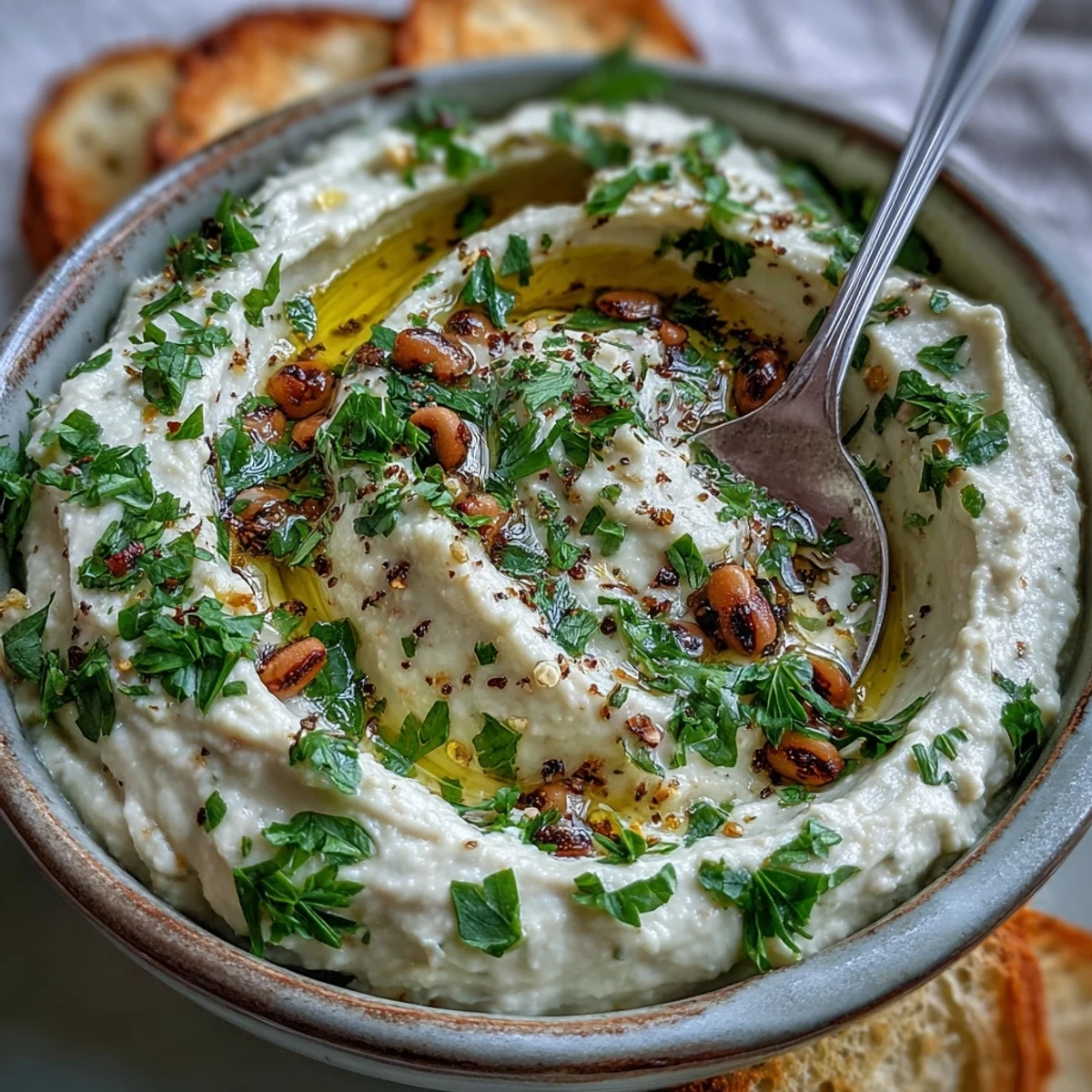 Vibrant bowl of Smashed Black-Eyed Peas, garnished with fresh parsley and lemon zest, ready to dip.