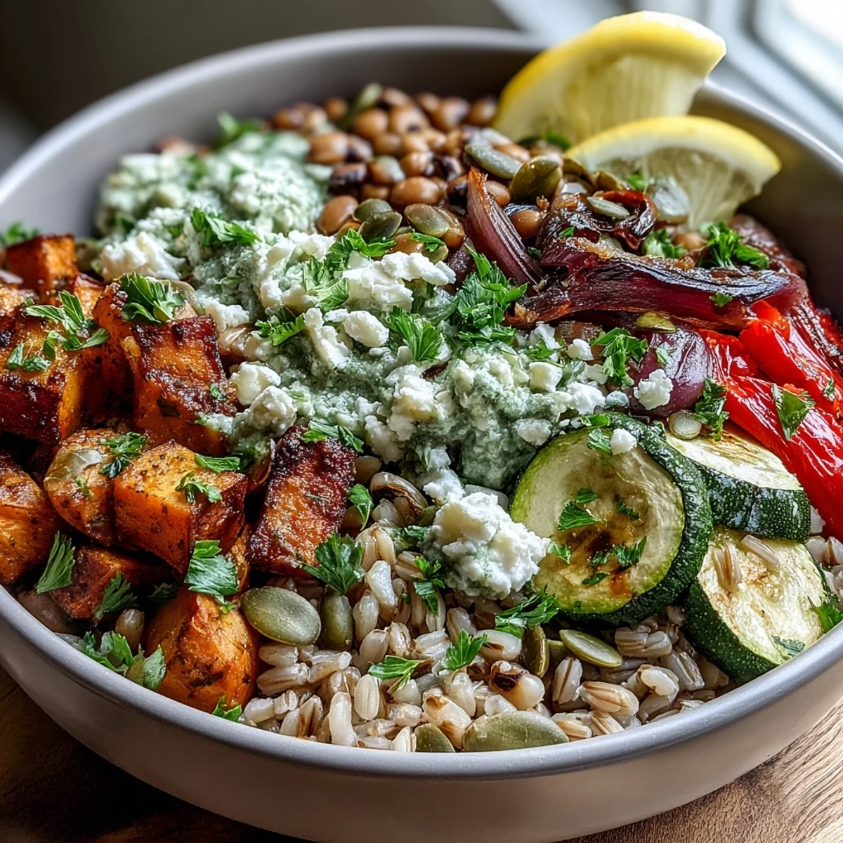 Golden roasted vegetables and black-eyed peas atop a bed of nutty farro in a grain bowl.
