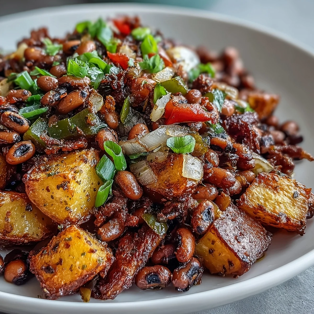 A close-up of freshly baked Black-Eyed Pea Hash, garnished with parsley and red pepper flakes, ready to be served with eggs.