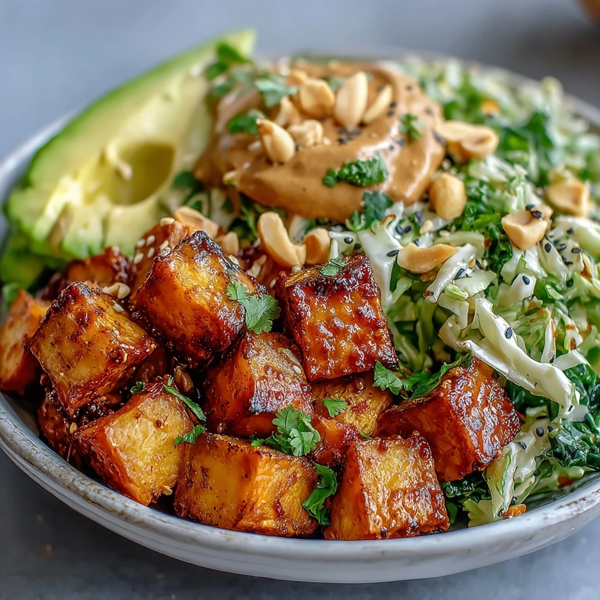 Thai Peanut Sweet Potato Buddha Bowl drizzled with creamy peanut sauce, garnished with fresh cilantro and chopped peanuts.