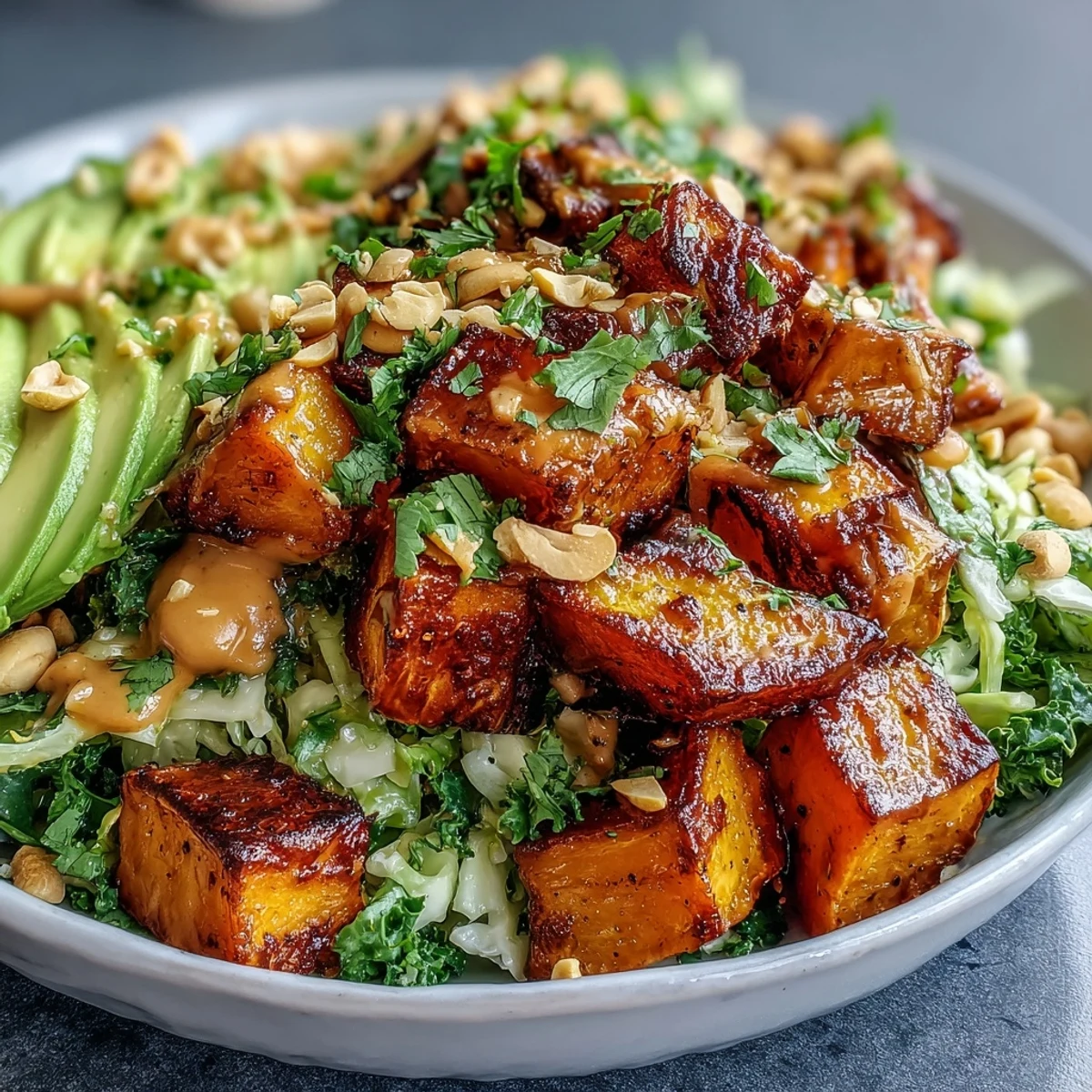Assembled Thai Peanut Sweet Potato Buddha Bowl ready to serve, topped with crunchy peanuts and sesame seeds.