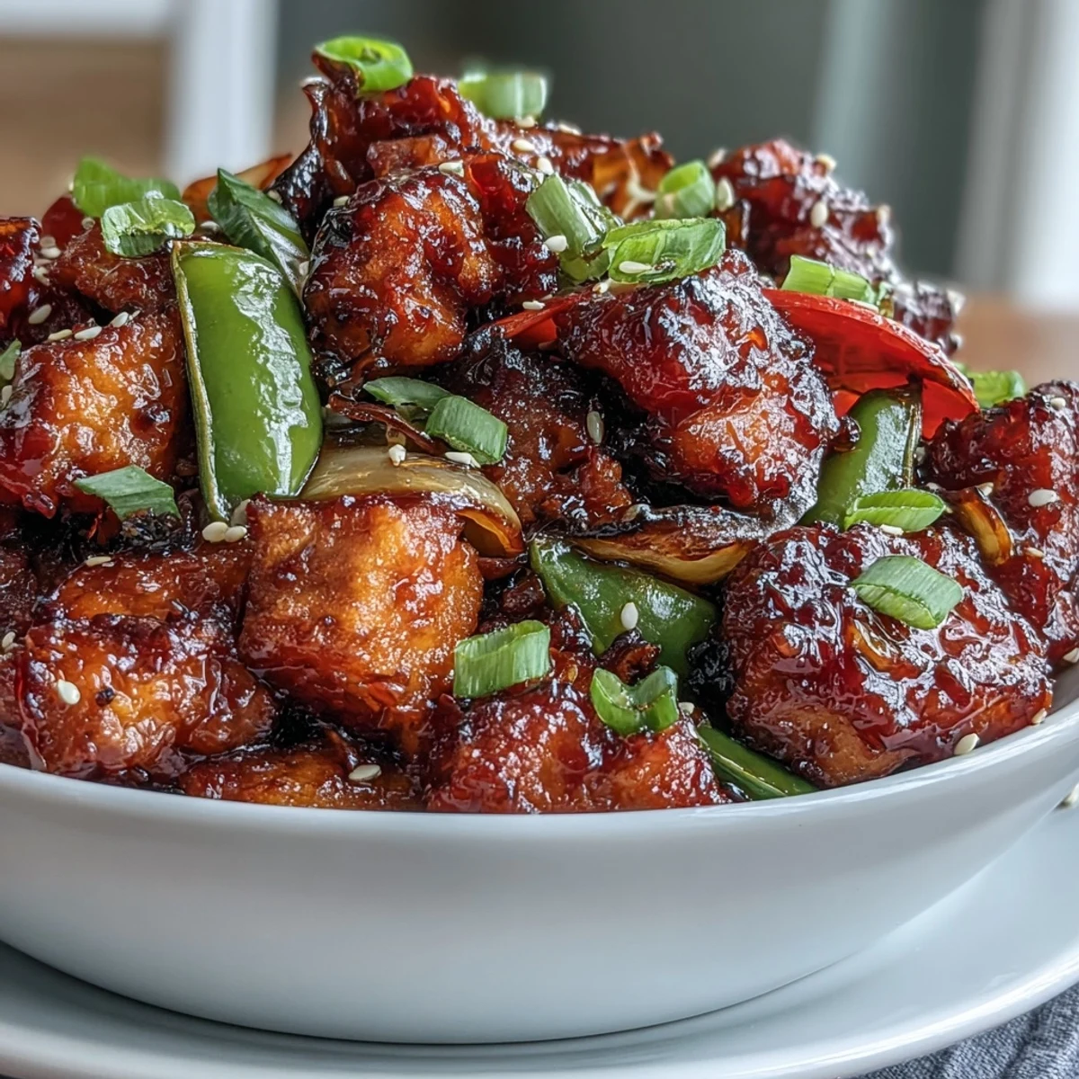 Golden-brown Spicy Sweet Chicken Diablo with colorful bell peppers and snap peas glistening in a skillet.