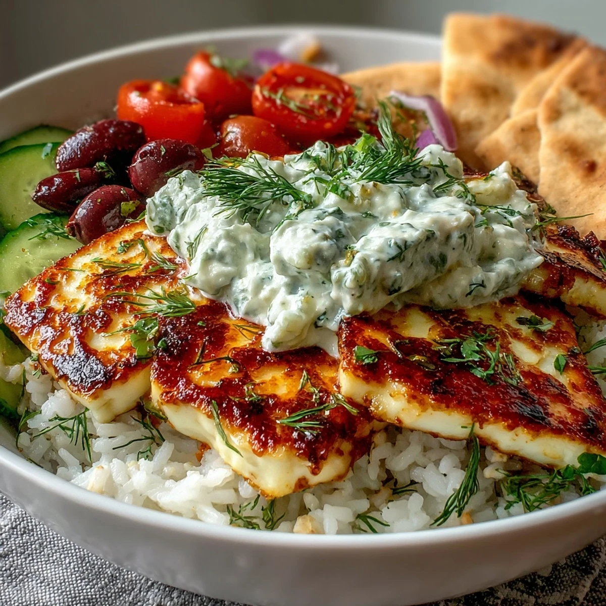 Golden-seared Greek Halloumi Power Bowl with rice, fresh veggies, and creamy tzatziki sauce.