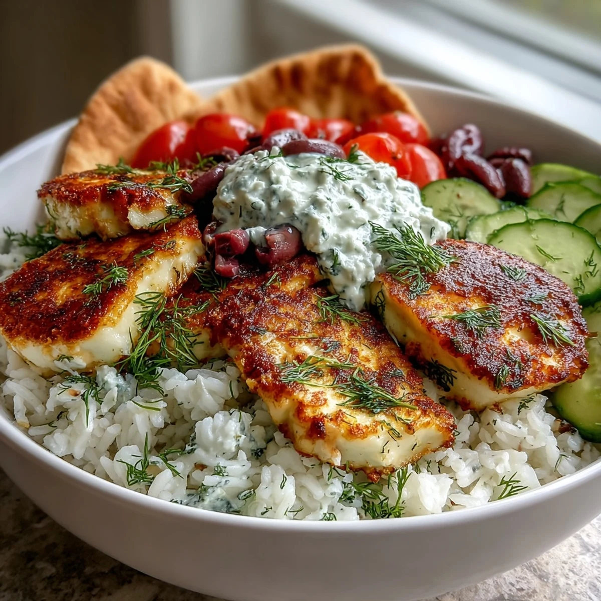 A vibrant Greek Halloumi Power Bowl featuring warm pita wedges and colorful Mediterranean toppings.