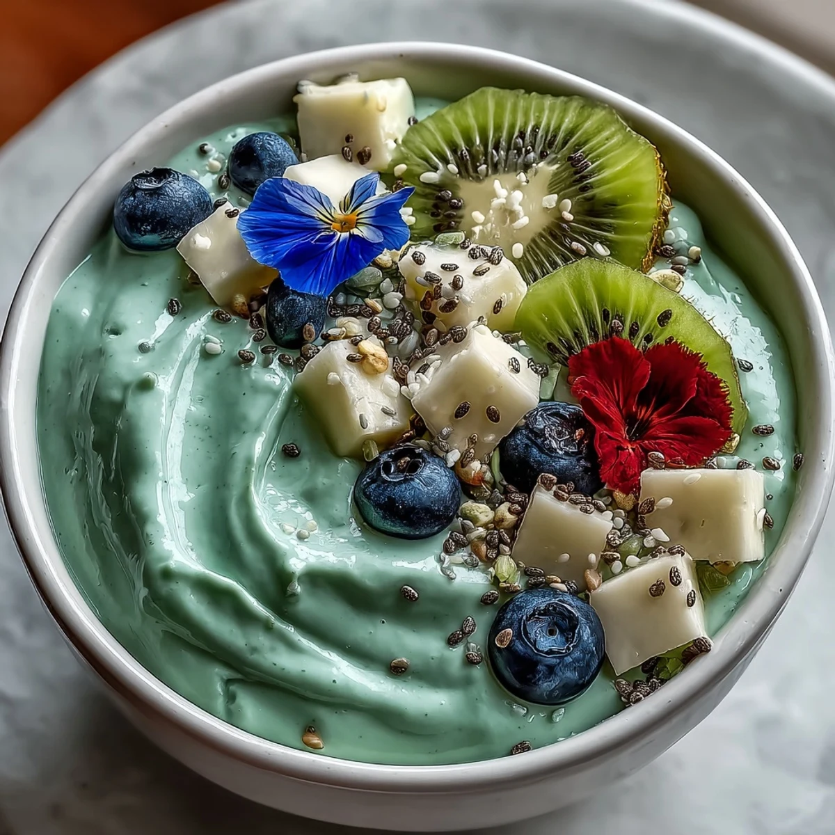 A thick, creamy Whimsical Healthy Mermaid Smoothie Bowl in a white bowl, garnished with coconut flakes, hemp seeds, and delicate edible flowers.