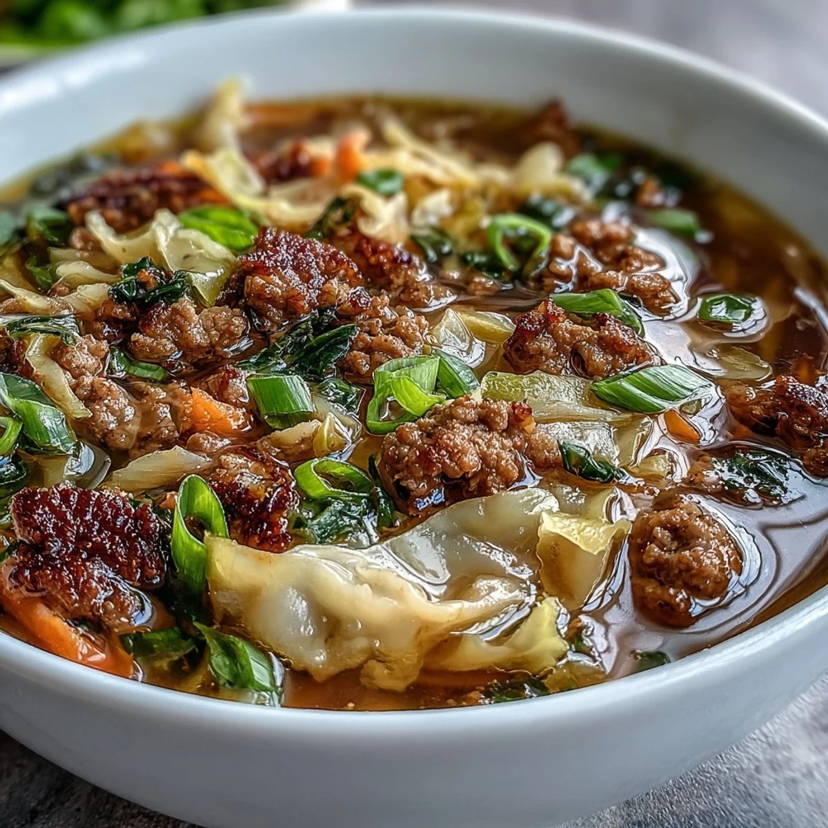 A warm bowl of One-Pot Egg Roll Soup with Green Onions and Ginger garnished with fresh scallions and chili oil.