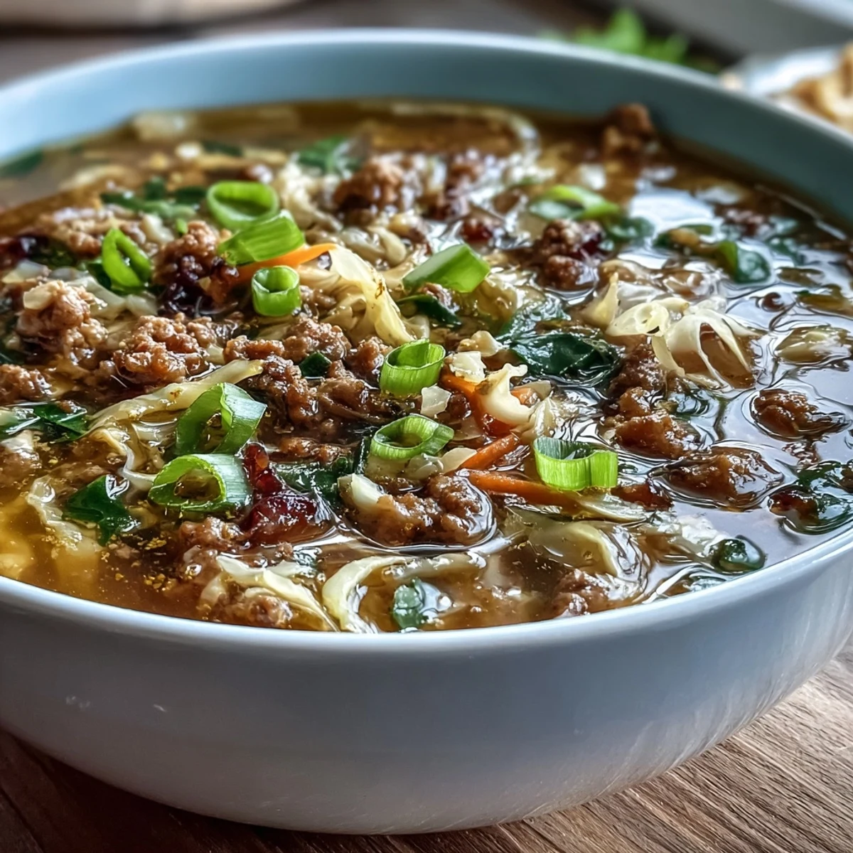 One-Pot Egg Roll Soup with Green Onions and Ginger served in a rustic bowl with steam rising.