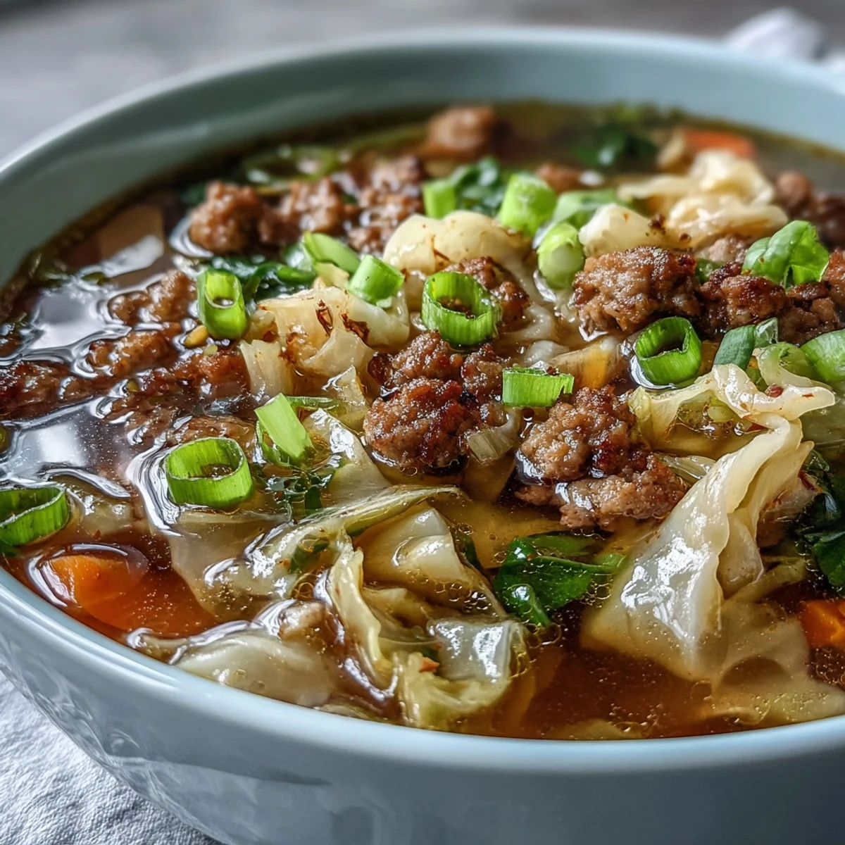 Ladle of One-Pot Egg Roll Soup with Green Onions and Ginger showing ground pork, cabbage, and a silky egg ribbon.