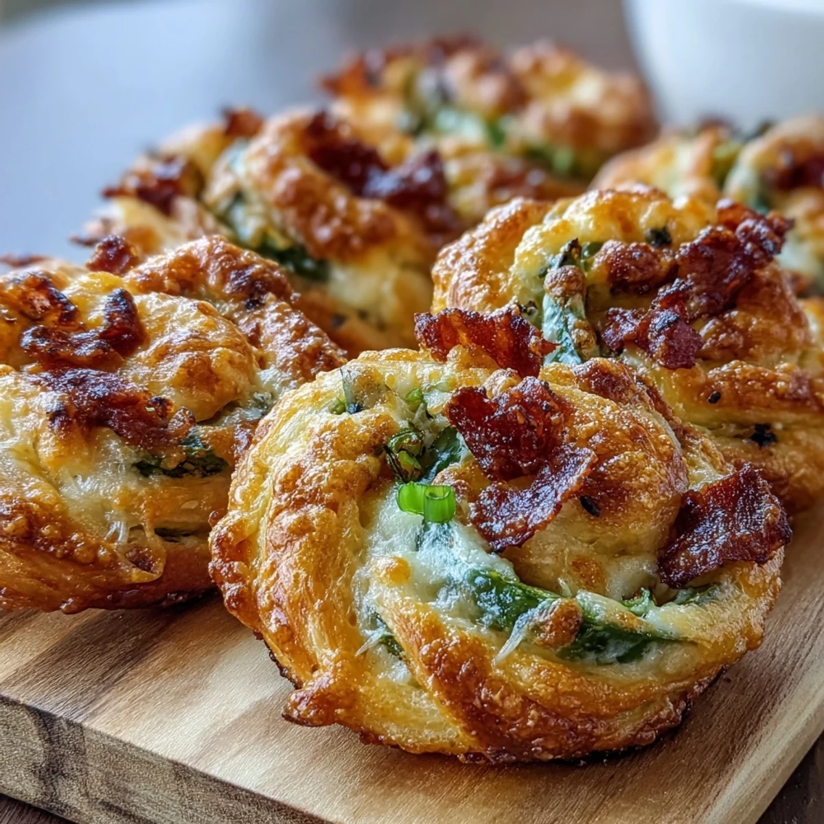 Freshly baked Jalapeño Popper Twists served warm on a wooden board, perfect for game day snacking. 