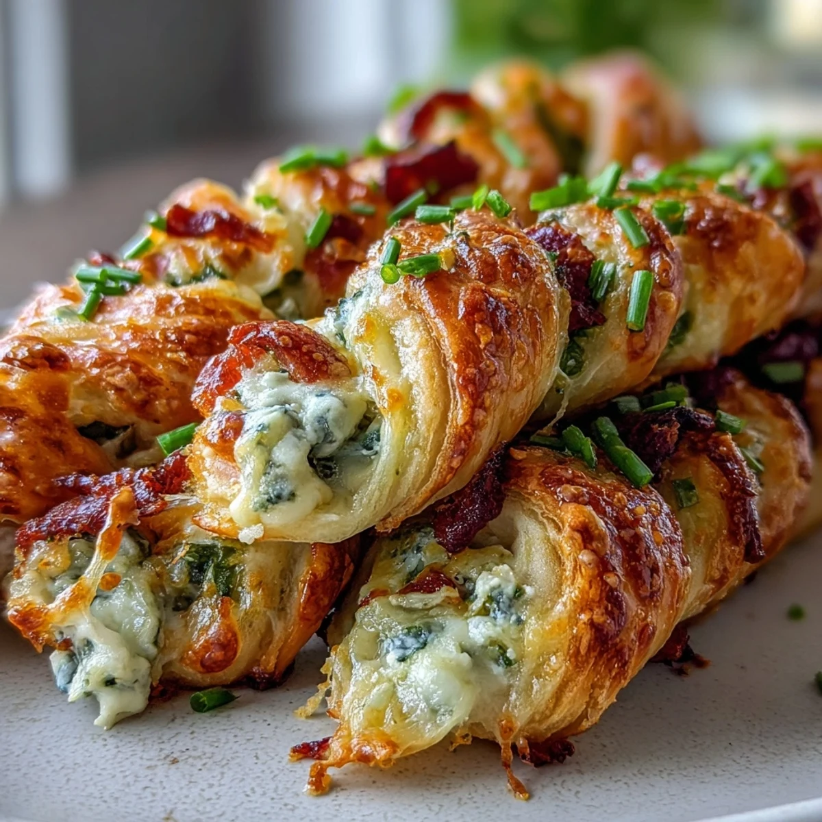 Golden brown, flaky Jalapeño Popper Twists filled with creamy, cheesy, and spicy jalapeño filling on a white plate. 