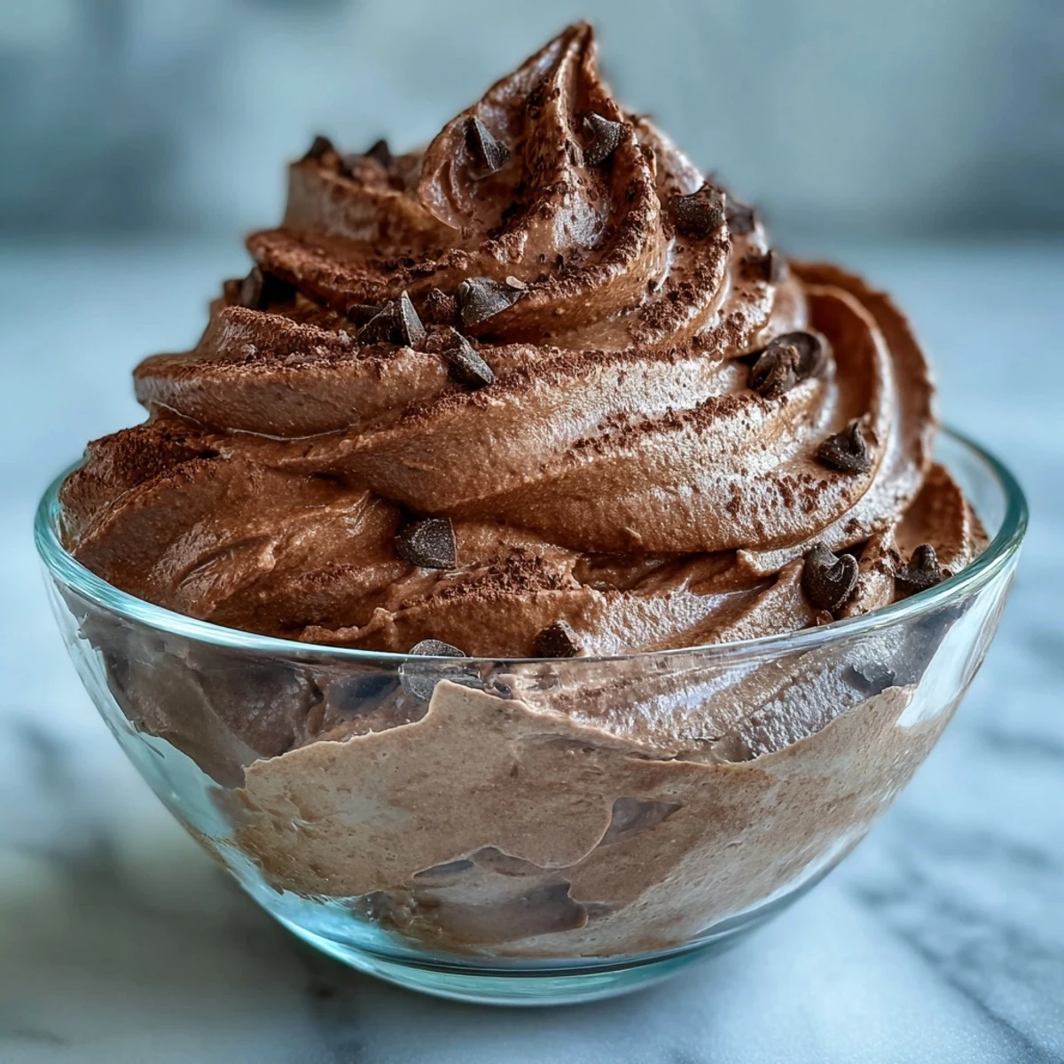 Creamy chocolate Protein Fluff topped with fresh berries in a serving bowl, a thick and fluffy high-protein snack ready to eat.