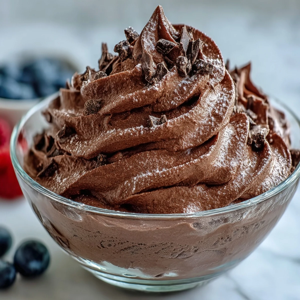 Lightly whipped Protein Fluff in a glass with a spoon, an easy low-calorie chocolate dessert that’s creamy, fluffy, and ready to serve.