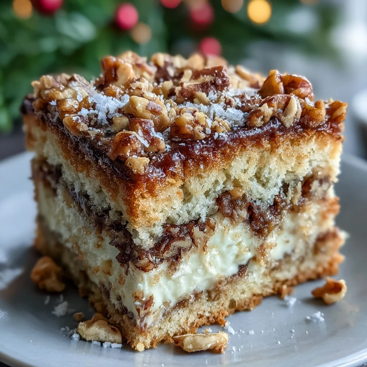 Frosted Christmas Toffee Crunch Cake sliced on a festive plate with toffee bits and holiday garnish nearby.