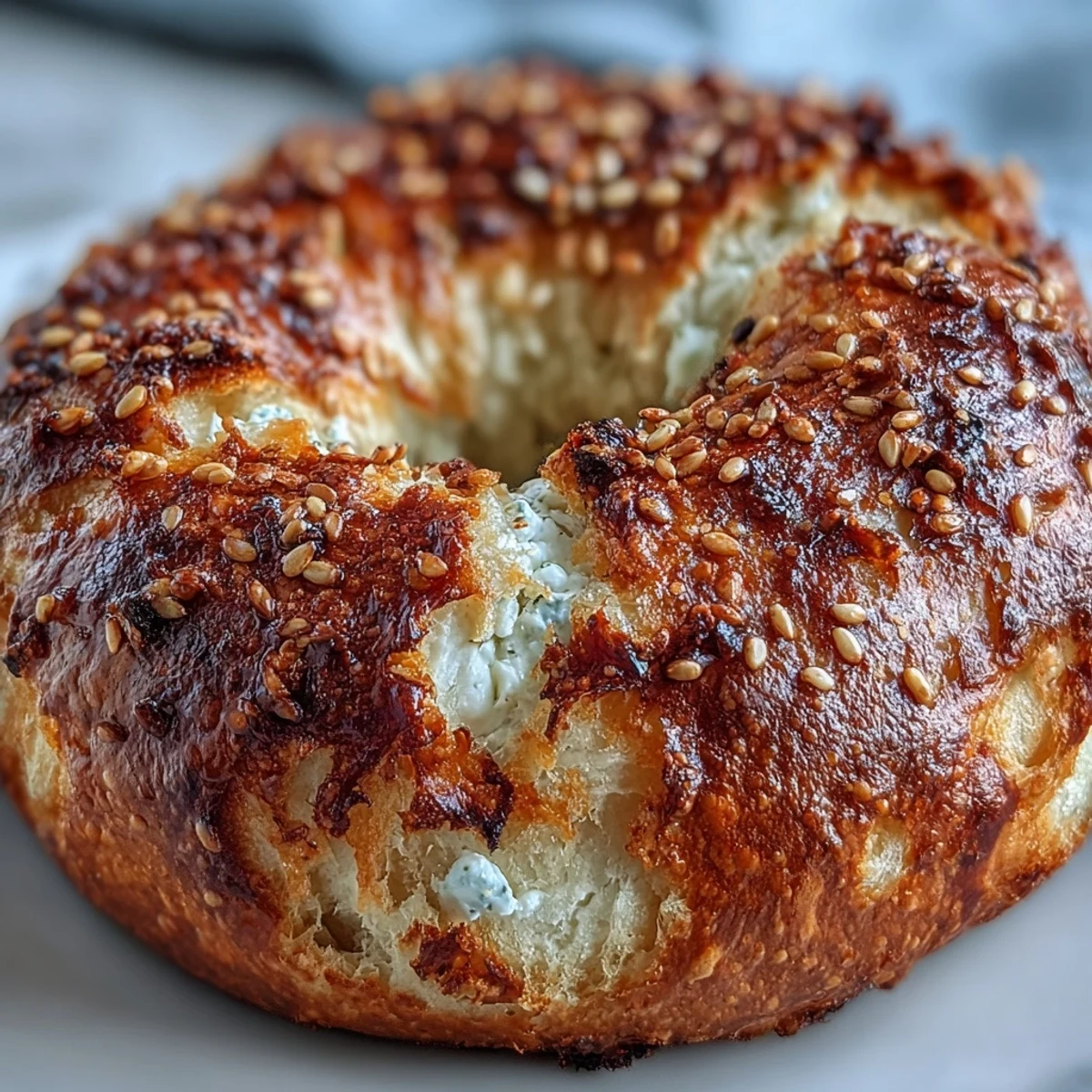 Freshly baked Greek Yogurt Bagels with everything seasoning sit on a wire rack, golden brown and ready to slice.