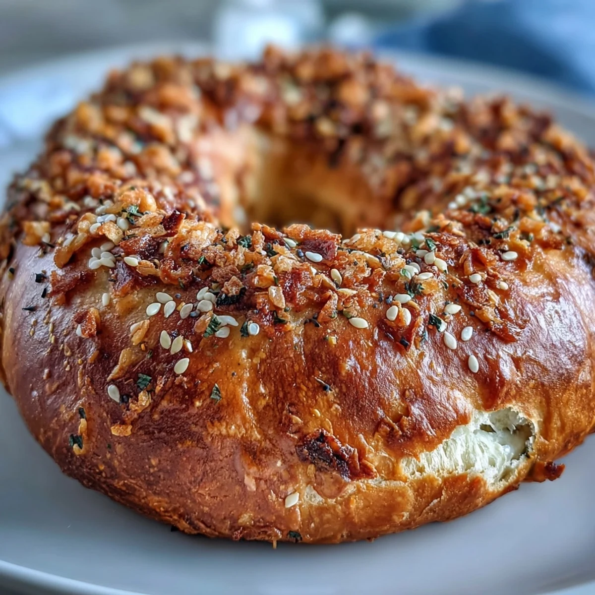 Homemade Greek Yogurt Bagels brushed with egg wash and topped with sesame seeds, fresh from the oven.