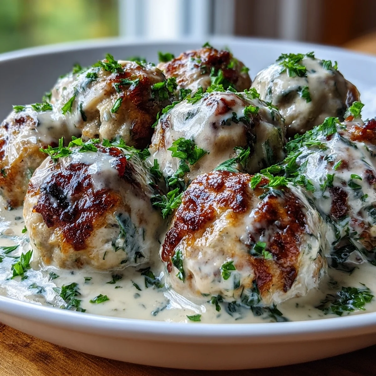 Golden-baked turkey meatballs coated in a luscious garlic ranch cream sauce, served over fluffy mashed potatoes.