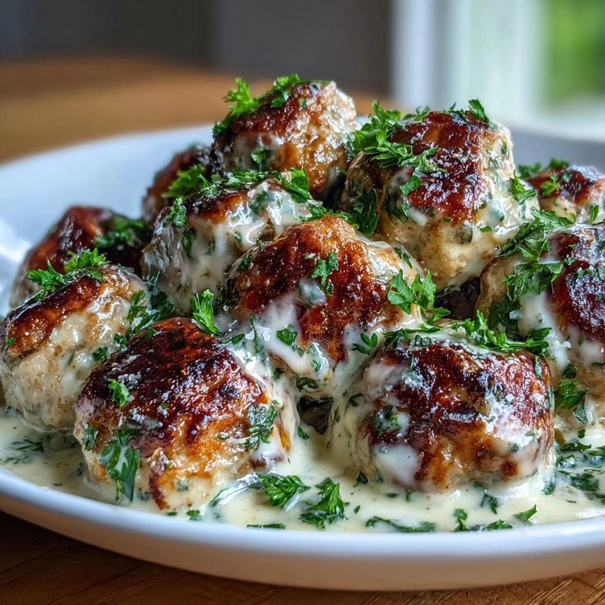 Close-up view of Creamy Garlic Ranch Turkey Meatballs in a skillet, garnished with parsley and ready to serve.