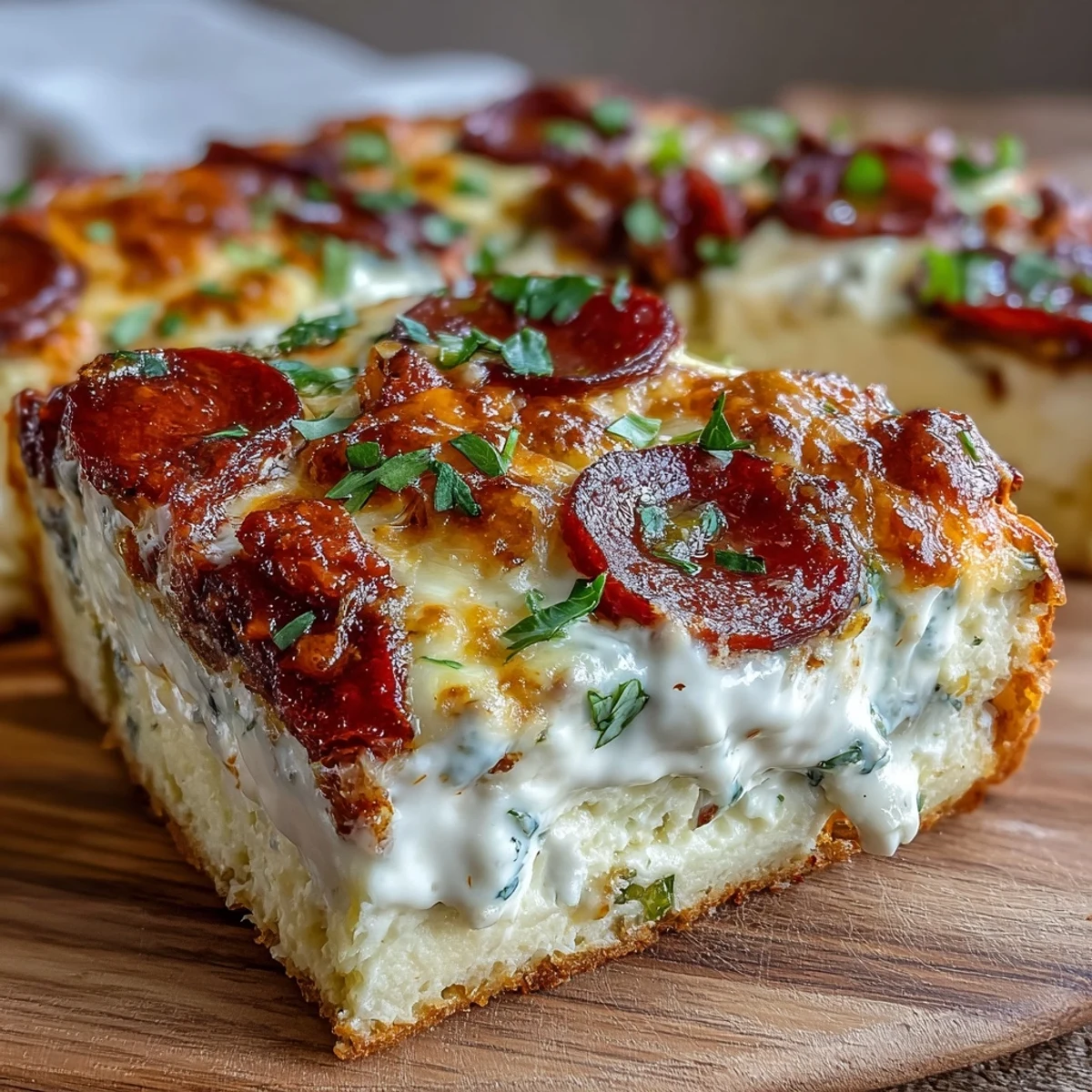 Golden-brown High-Protein Pizza Breakfast Casserole, topped with turkey pepperoni and melted mozzarella, fresh from the oven.