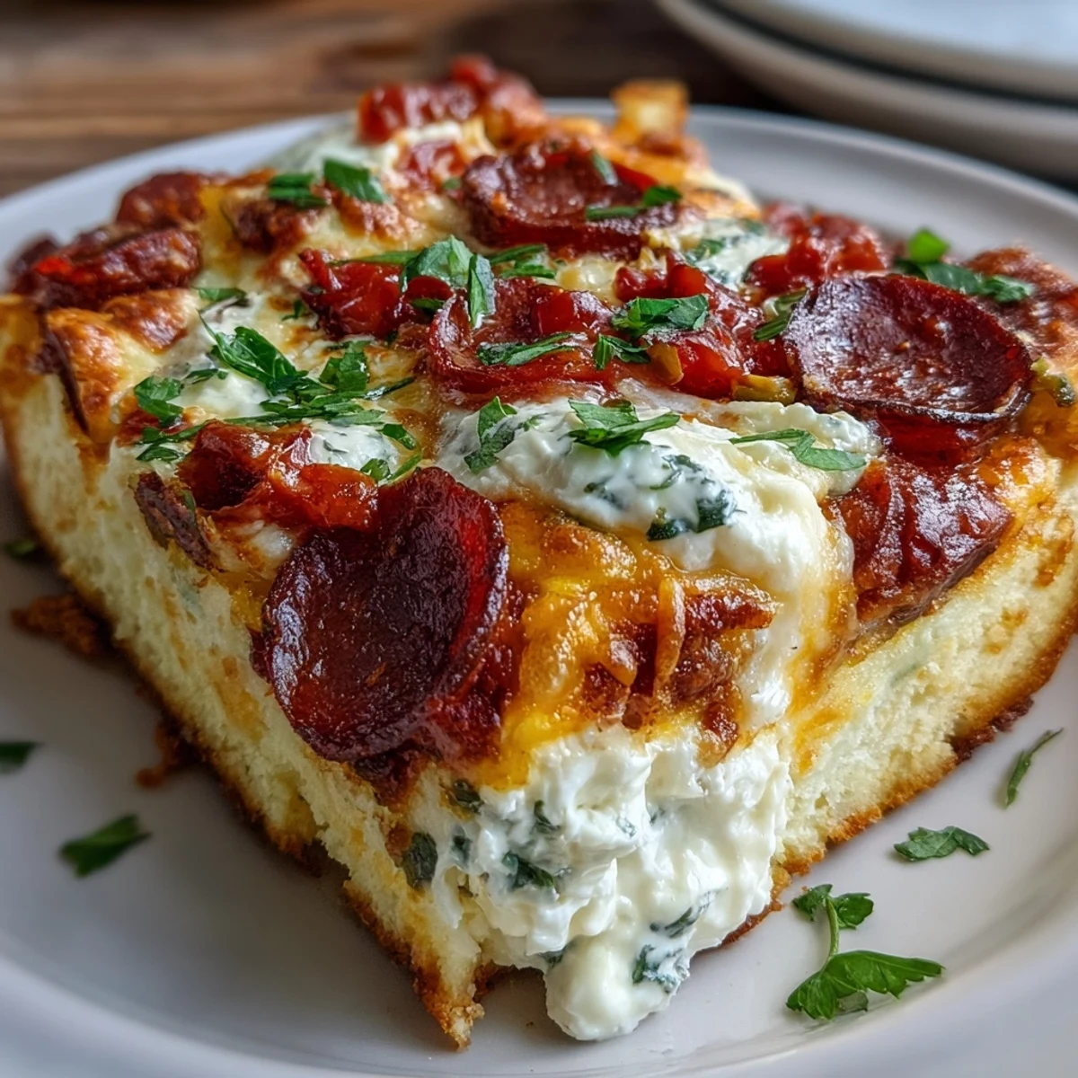 Sliced serving of High-Protein Pizza Breakfast Casserole on a white plate, revealing fluffy eggs and cheesy layers.