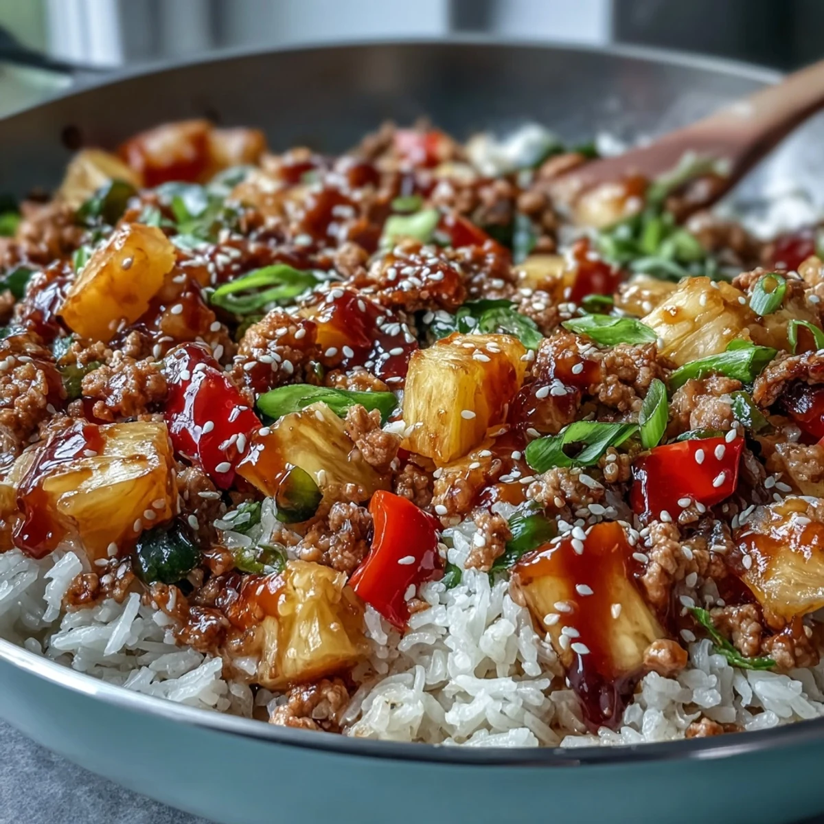 Steam rises from a skillet of fluffy rice, turkey, and tangy sweet-and-sour sauce.