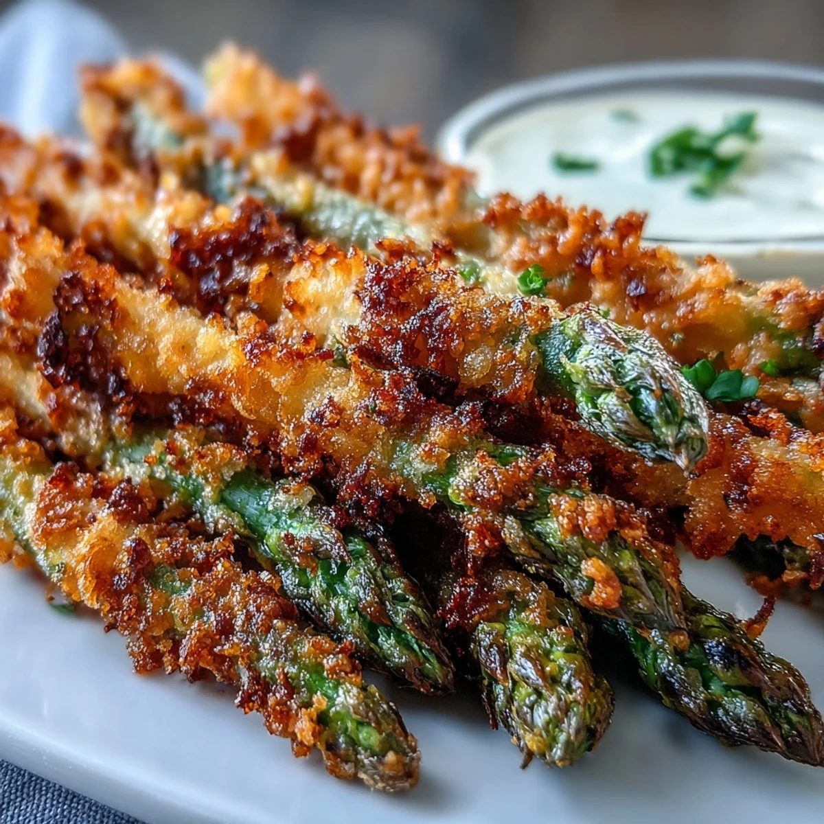Golden-brown Crispy Chili-Garlic Asparagus Fries are arranged on a platter with a small bowl of spicy sriracha mayo dip.