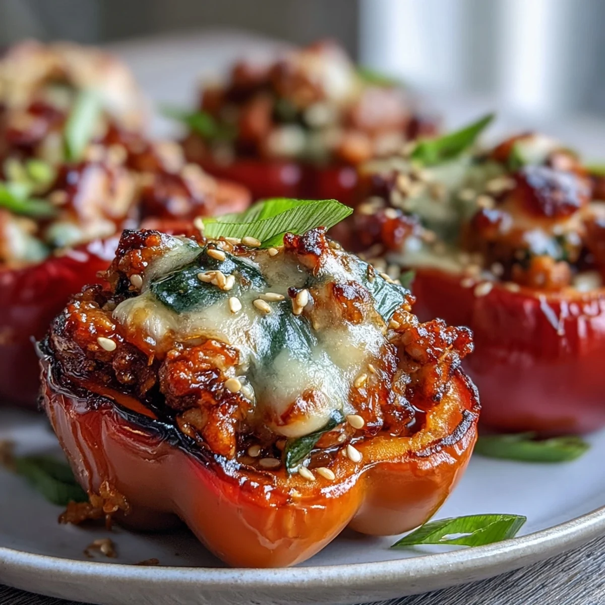Vibrant sweet mini peppers filled with Korean-style turkey stuffing, topped with melted mozzarella and sesame seeds.
